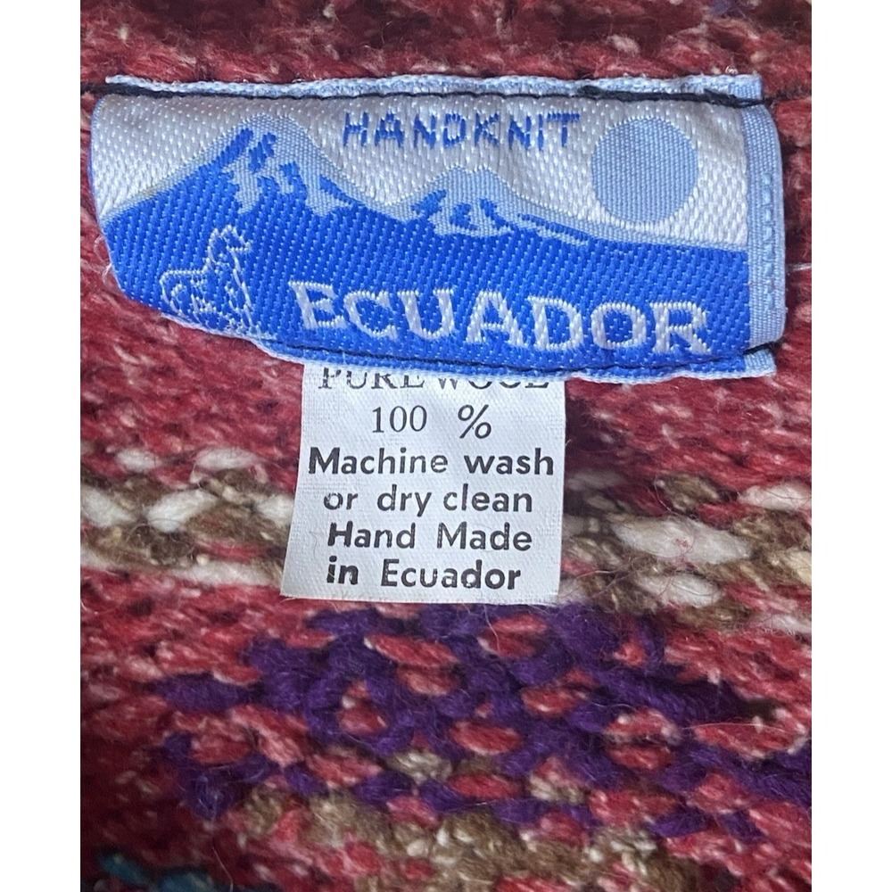 Vtg Ecuador Handknit‎ Sweater L Red Tweed Wool Zip Front Cardigan Dancing Women - Picture 4 of 4